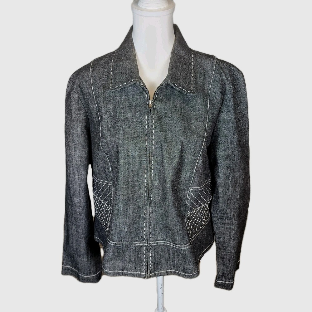 Company Ellen Tracy Denim Jacket Womens 16 Black Gray White Stitch Classic VTG